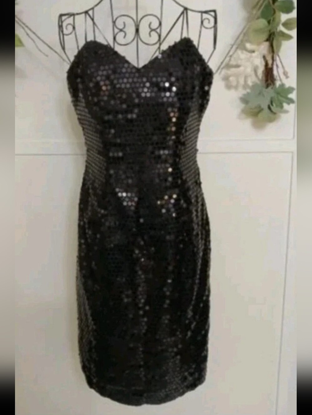 Vintage Glam Spaghetti Strap Black Sequin Wedding Guest Evening Party Dress S